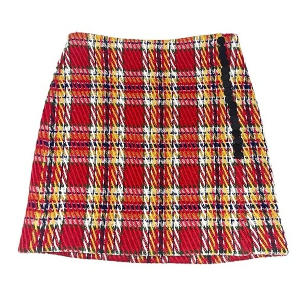 Adam Lippes Collective Red & Yellow Plaid Woven Knit Mini Skirt US S